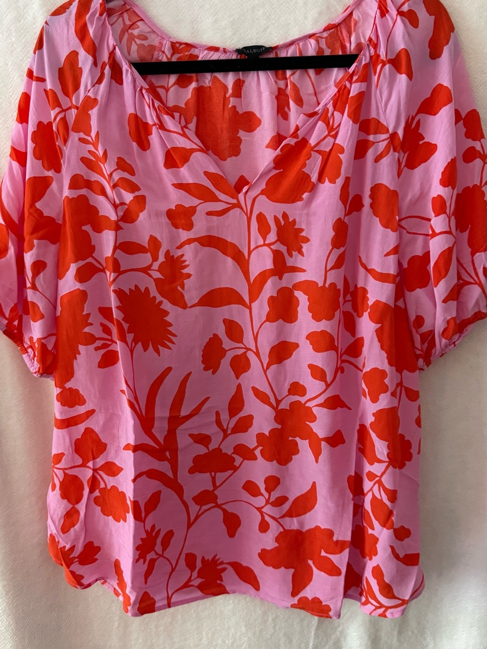 Talbots Pink Blouse with Red Floral Print V-Neck